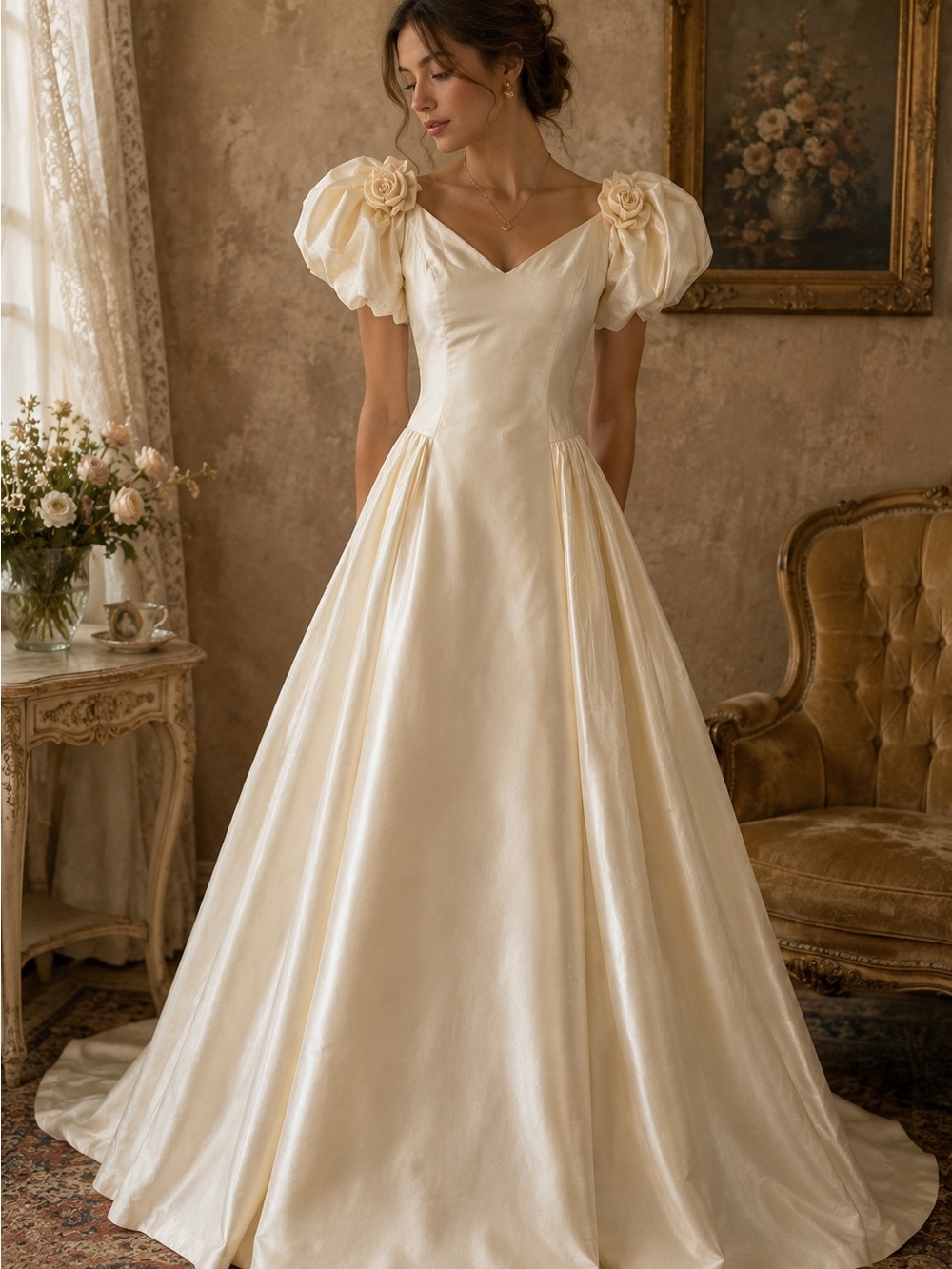 Romantic Puff-Sleeve Satin Wedding Gown in Ivory